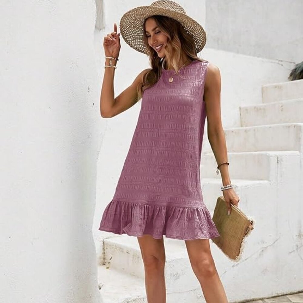 Women’s Sleeveless Ruffle Hem Smock Dress – Dusty Pink – Small